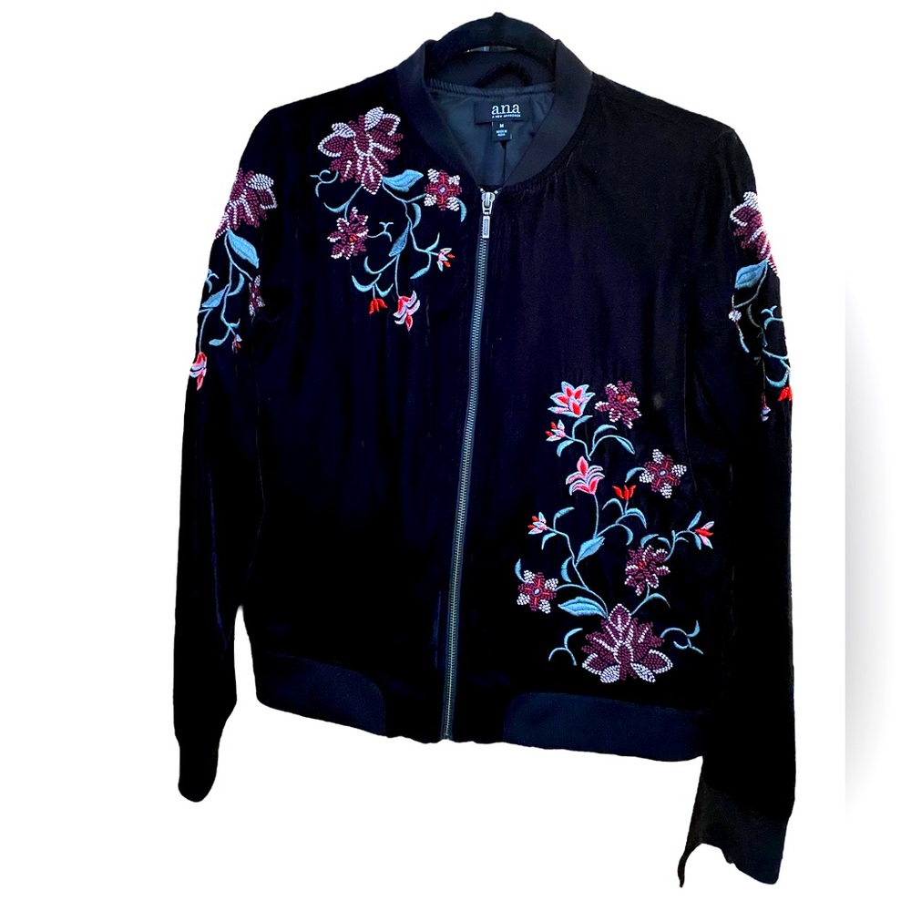 A.N.A Black and Pink Floral Embroidered Velvet Track Suit Bomber Jacket  Size M